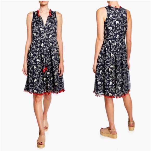 Johnny Was Jade Susila Silk Dress Red Pom Trim Blue White Print Size Medium NWOT - Picture 2 of 9